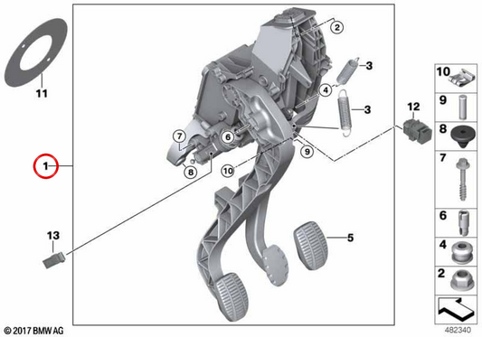 Pedal de freno completo OEM 35006870849 para BMW F40, F44, F45, F46, F48, F39. Original BMW.