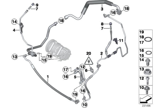Tubo de presión compresor a condensador OEM 64539313848 para MINI R55, R56, R57, R58, R59, R60, R61. Original MINI.