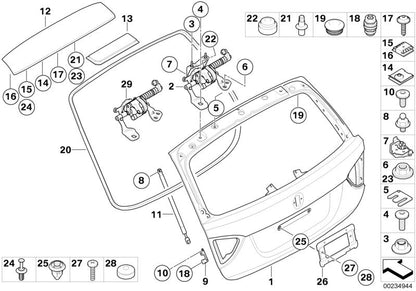 Soporte izquierdo amortiguador portón OEM 51247127877 para BMW E91 (316d, 316i, 318d) todos los modelos compatibles. Original BMW.