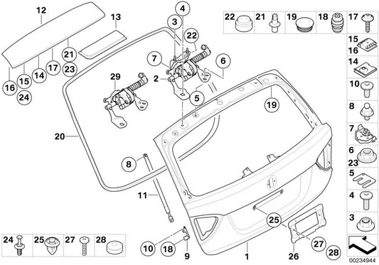 Soporte izquierdo amortiguador portón OEM 51247127877 para BMW E91 (316d, 316i, 318d) todos los modelos compatibles. Original BMW.
