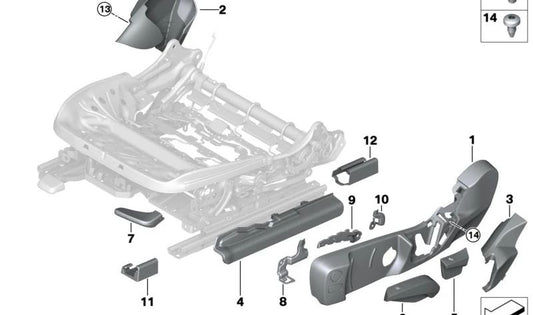 Tapa lateral izquierda del asiento OEM 52209475879 para BMW G42, G87, G22, G22N. Pieza original BMW.