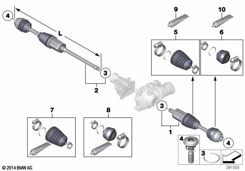 Eixo de saída direito para BMW F10, F11, F18N Série 5; F06, F12, F13 Série 6 (OEM 31607618680). BMW originais.