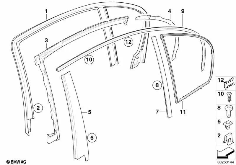 Befestigung des linken festen Seitenfensters für BMW 5 E60, E60N (OEM 51357067073). Original BMW