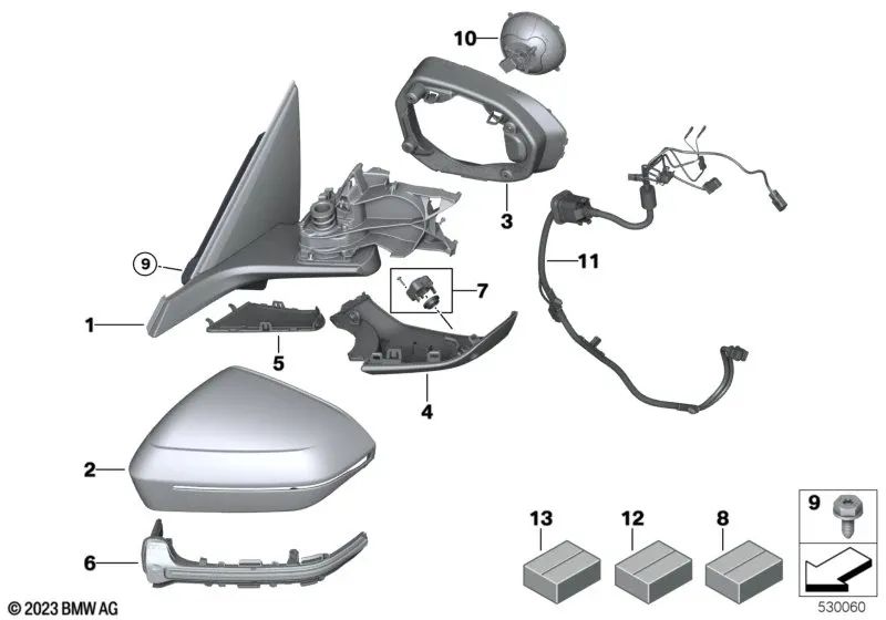 Motore a specchio esterno per BMW G60, G70, I20 (OEM 67135A292C7). BMW originale