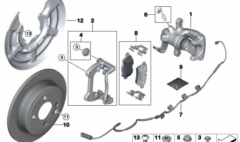 Pinza de freno trasera derecha OEM 34216785612 para MINI R55, R56, R57, R58, R59. Compatible con versiones Cooper y One. Instalación en sistema de freno trasero. Original MINI.