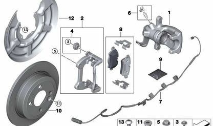 Pinza de freno trasera derecha OEM 34216785612 para MINI R55, R56, R57, R58, R59. Compatible con versiones Cooper y One. Instalación en sistema de freno trasero. Original MINI.