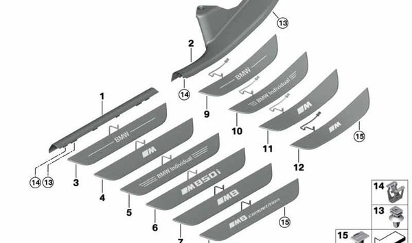 Embellecedor de entrada iluminado izquierdo OEM 51477469199 para BMW G16. Original BMW.
