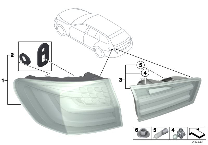 Piloto trasero derecho OEM 63217203234 para BMW Serie 5 F11 (520d, 520i, 528i) de 2010 a 2013. Original BMW.