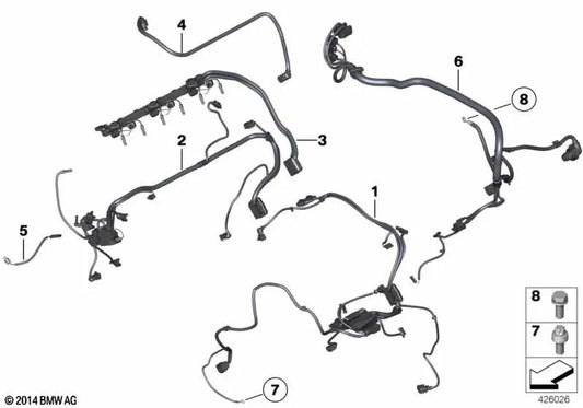 Engine wiring harness for BMW 5 Series F10, F11, 6 Series F13, X3 F25, X5 E70N, X6 E71 (OEM 12517620557). Genuine BMW.