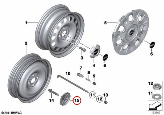Support de roue de secours OEM 36106781466 pour MINI R56, R56 LCI, Clubman R55, Cabrio R57 LCI, Coupé R58, Roadster R59. MINI d'origine.