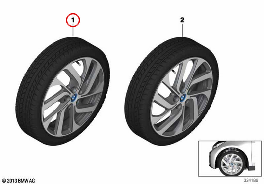 Rueda completa de invierno estilo turbina 428 19" con neumático Bridgestone LM-500 OEM 36110047999 para BMW i3 (I01, I01N). Incluye llanta forjada y neumático montado. Original BMW.