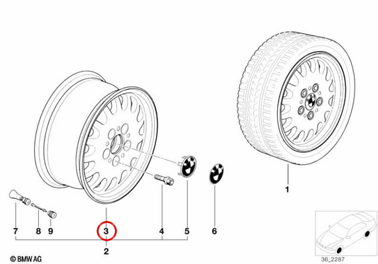 Classic-Styling alloy tire 6 OEM 36111180447 for BMW E36 and Z3. Original BMW.