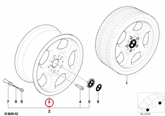 Aluminum wheel M Contour Classic Styling 23 OEM 36112227295 for BMW E36, Z3 E36. Genuine BMW.