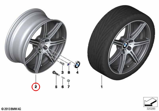 Cerchio M in alluminio a doppi raggi 601 posteriore 20" OEM 36112284871 per BMW Serie 5 F10 M5 (2011-2016). Originale BMW.