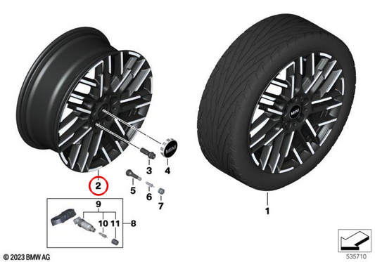 Llanta de aluminio Night Flash Spoke 959 OEM 36115A3E640 para MINI F66, F65, Cabrio F67 (eje delantero y trasero). Original MINI.