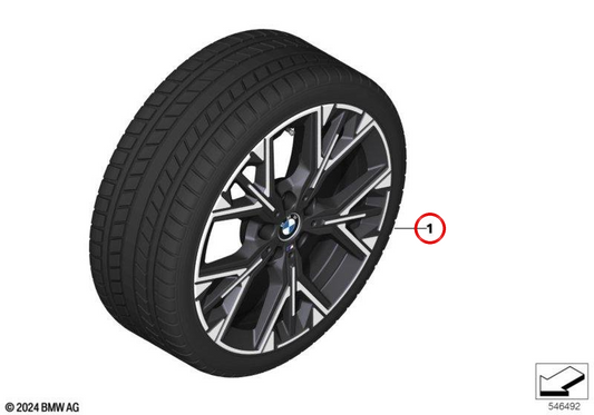 Vollständiges Winterrad M Y-Speiche 975 18" 225/45 R18 95V runflat OEM 36115B6E458 für BMW 1er F70 und 2er Gran Coupé F74, Midnight Grey, mit RDCi. Original BMW.