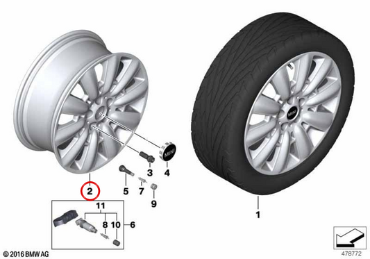 Llanta de aleación ligera 18" 7,5J ET51 Brightsilver OEM 36116856033 para MINI Countryman F60 (2015-2020), Countryman F60 LCI (2019-2024)... y más. Original MINI.