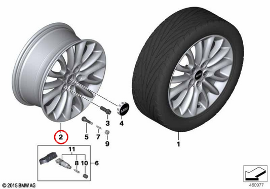 Cerchio in lega leggera 17" 7.5J ET54 Brightsilver (argento metallizzato) OEM 36116856047 per MINI Clubman F54 (2014-2019), MINI Clubman F54 LCI (2018-2024). Originale MINI.
