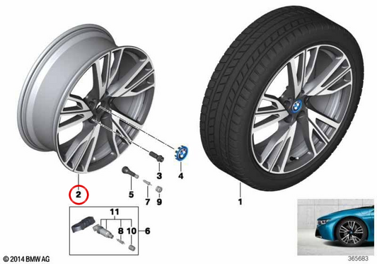 Jante de liga leve BMW original com raios W design 470 direita OEM 36116857571 para BMW i12 e i15. Compatível com modelos como I12 e I15 (i8 Coupé e Roadster). Acabamento em dois tons preto/brilhante. BMW genuíno.