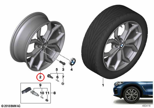 Original BMW 19" aro Y-Spoke design 694 OEM 36116877328 para BMW X3 G01, G08 e X4 G02. Cor cinza férrico. Original BMW.