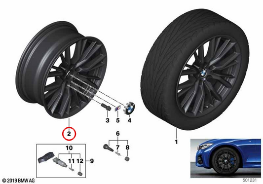 Cerchio in alluminio nero opaco M Performance 18" posteriore OEM 36116885306 per BMW Serie 2 G42, Serie 3 G20, G28, Serie 4 G22, G23... e altro ancora. Originale BMW.