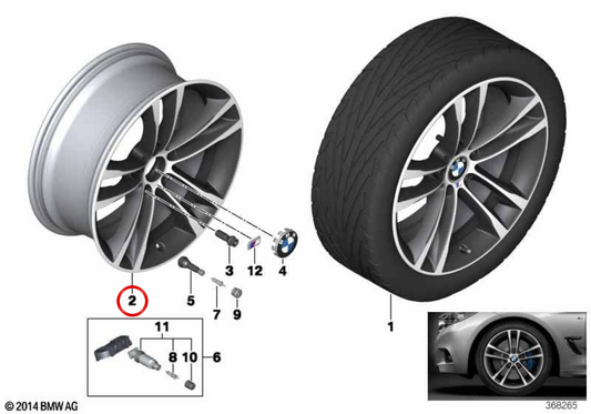 Llanta de aluminio M de radios dobles 598 trasera, 19", Orbitgrey OEM 36117847544 para BMW 3' F34 GT, F34 GT LCI. Original BMW.