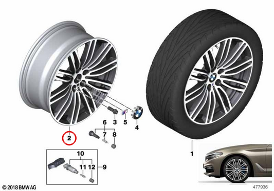 Jante arrière M en aluminium à rayons doubles 664 jet black uni 19" OEM 36117856926 pour BMW Série 5 G30, G31... et plus. BMW d'origine.