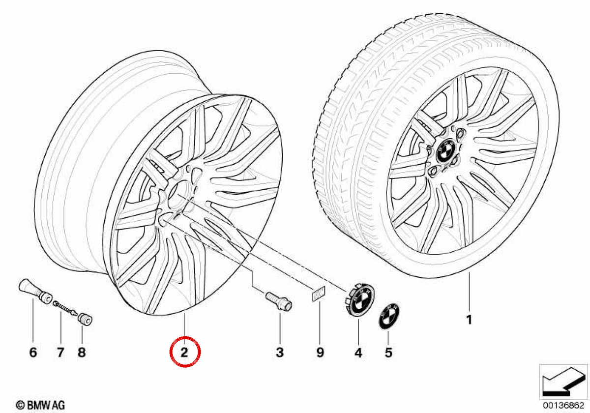 Cerchio M in alluminio a doppi raggi 172 anteriore OEM 36118036949 per BMW Serie 5 E60, E60 LCI. BMW originale.