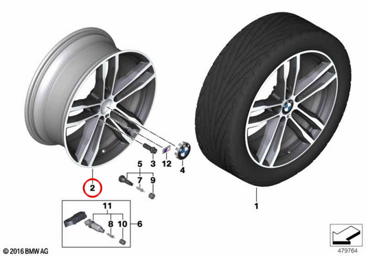 Jet Black OEM alloy tire 36118097244 for BMW F30, F31, F32, F33, F36. Original BMW.