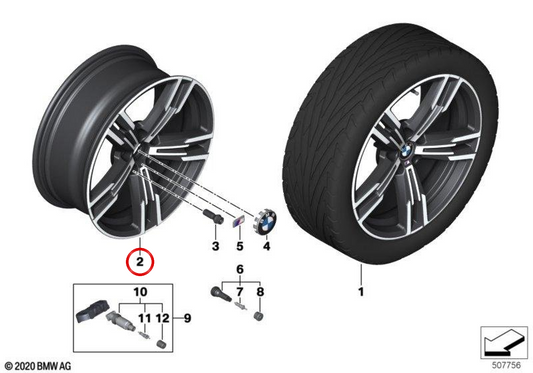 Roda de alumínio M de raio duplo 848 para BMW Série 2 G42, Série 3 G20, G21, G28, Série 4 G22, G23 (OEM 36118746632). BMW genuíno.