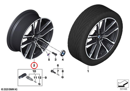 Jante de liga leve original BMW M de raios duplos 797 19" Jet Black fosco OEM 36118747000 para BMW G42, G20, G21, G22, G23. Ideal para eixo dianteiro. Inclui tampa do cubo e parafusos. Original BMW.