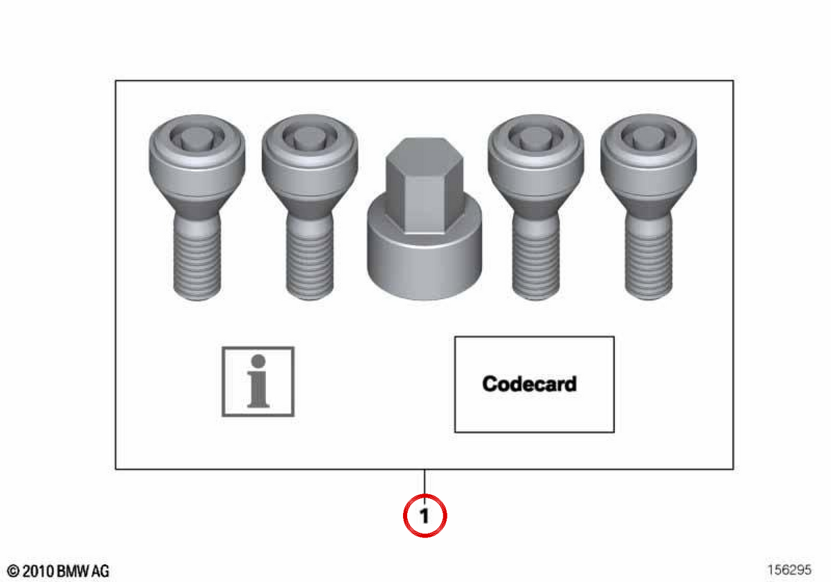 OEM Wheel screw locking set 36132453961 for BMW F20, F30, G20, G30, X1 F48, X3 G01, X5 F15, Z4 G29 ... and more. Original BMW.
