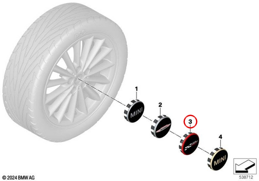 JCW OEM 36135B30FD1 hub cap for MINI F56, F55, Clubman F54, Countryman F60... and more. Original MINI.