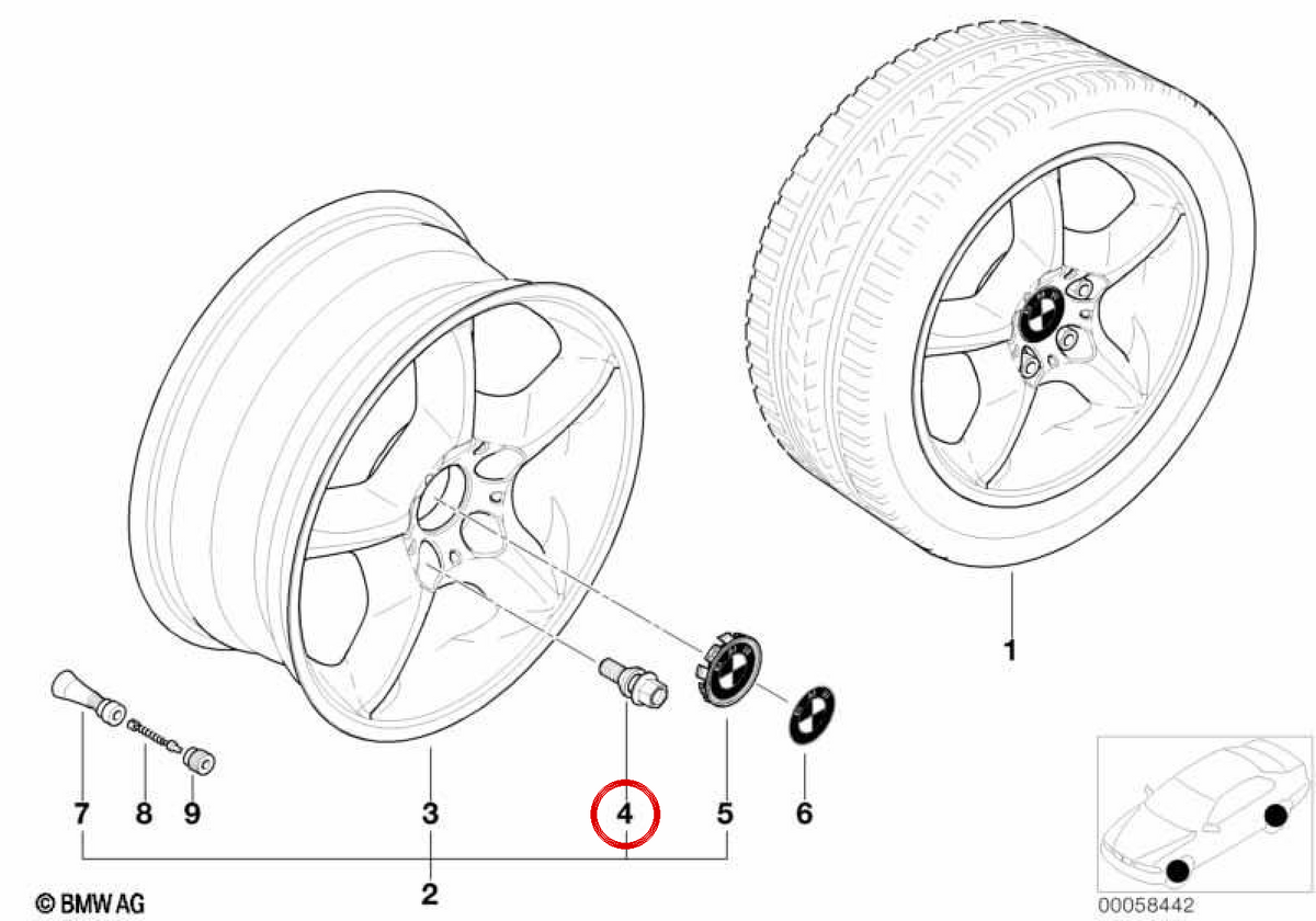 Tornillo para ruedas OEM 36136756298 para BMW 7' E67, X5 E53, Phantom RR1... y más. Original BMW.
