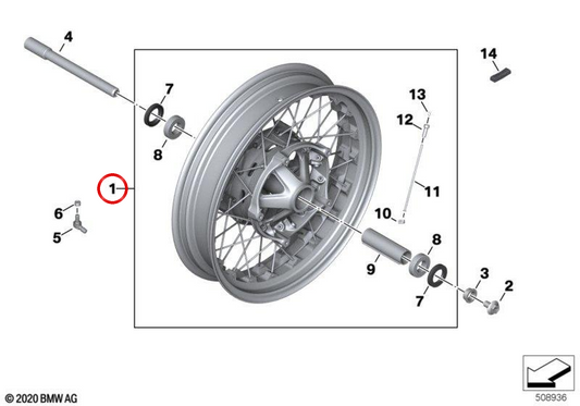 Rueda de radios delantera plata OEM 36315A63E67 para BMW Motorrad R nineT, R 12 nineT. Original BMW Motorrad.