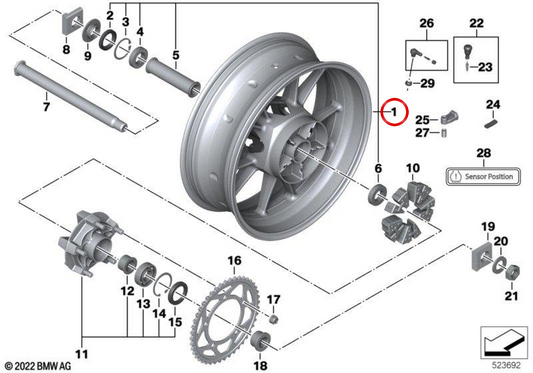 Roda traseira 'Ostra-Grau' OEM 36317721079 para BMW Motorrad S 1000 RR (K46) 2009-2011. Originais BMW Motorrad.