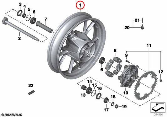 Ruota posteriore in magnesio OEM 36317726035 per moto BMW F700GS, F650GS, F800GS. BMW Motorrad originale.