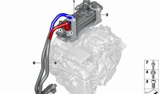 Tubo de retorno del enfriador de aceite de transmisión OEM 17227640807 para BMW I12. Conducto original de aceite de la caja de cambios. Original BMW.