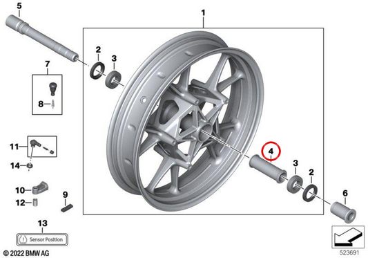 Bucha espaçadora dianteira OEM 36318551385 para motocicletas BMW F 800 R, F 750 GS, F 850 ​​GS... e muito mais. Originais BMW Motorrad.