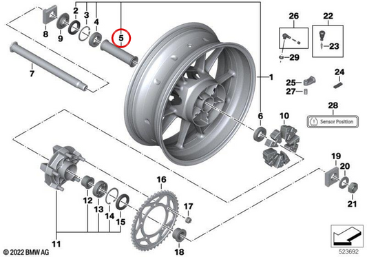 Front spacer bushing OEM 36318551387 for BMW S 1000 RR, S 1000 R, S 1000 XR motorcycles. Original BMW Motorrad.