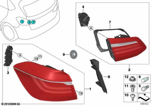 Rear taillight tailgate left for BMW 2 Series F46 (OEM 63217329789). Original BMW
