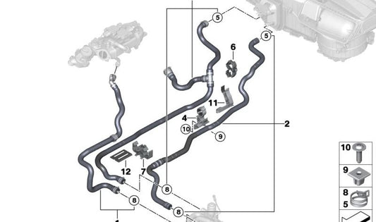 Tubo di raffreddamento anteriore OEM 64217938806 per BMW G30, G31, G32, G11, G12, G14, G15, G16. BMW originale.