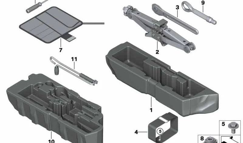 Llave/Manivela de gato original OEM 71126769151 para BMW E82 {118d, 120d, 120i} con tracción trasera (manual y automático). Parte del sistema de emergencia con gato. Compatible solo con modelos indicados. Original BMW.
