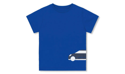 Camiseta infantil unisex MINI Silueta Coche azul/índigo talla 122 OEM 80145B32093 válido para MINI. Original MINI.