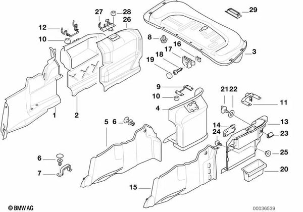 Revestimiento de compartimento de equipajes trasero izquierdo OEM 51478186699 para BMW Serie 7 E38 (07/1993 — 07/2001). Original BMW.