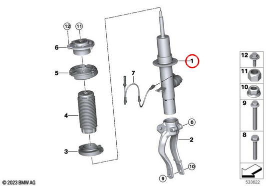 Pied télescopique avant droit EDC OEM 37105A16164 pour BMW Série 5 G60 520d xDrive, 523d xDrive, 530i xDrive, 540d xDrive. Original BMW.