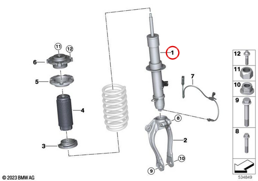 Pied de jambe télescopique avant gauche EDC OEM 37105A31EC3 pour BMW Série 7 G73. Original BMW.