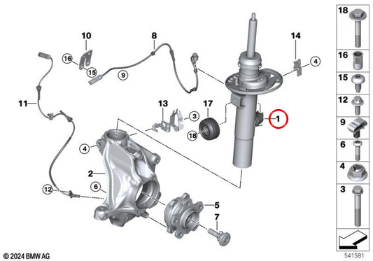Pata telescópica dianteira esquerda EDC OEM 37105A3B233 para BMW X3 G45 20, 20 xDrive, 30 xDrive… e mais. Original BMW.