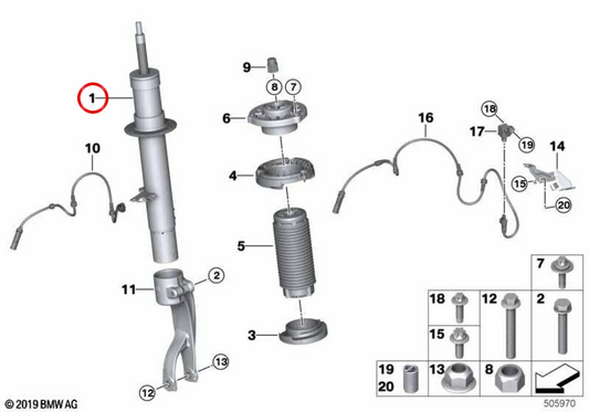 Amortiguador delantero derecho OEM 37105A45212 para BMW G05, G06. Original BMW.