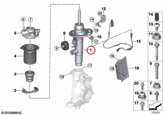 Vorderer linker Teleskopdämpfer EDC OEM 37105A82655 für BMW 3er G20/G21 330e xDrive LCI... und mehr. Original BMW.